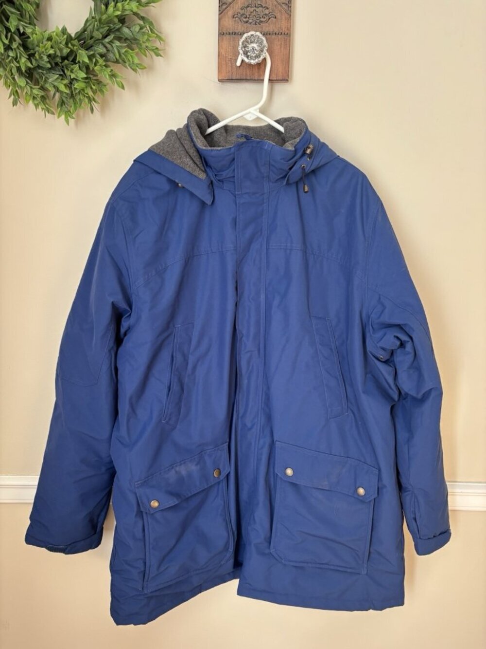 Lands' End Mens Size XL 46-48 Blue Parka Fleece Lined Removable Hood Heavy